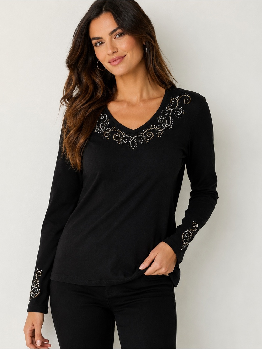 Embellished Long Sleeve Top Black L Y2K Office Career Minimalist Knit Pullover